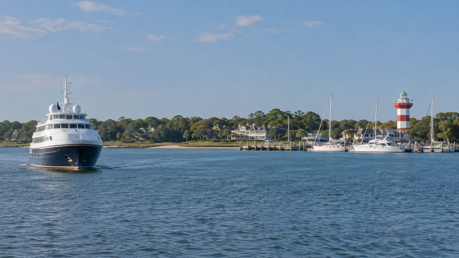 Small cruise vessel or tender offshore near Hilton Head Island South Carolina low coastal shoreline and marina, no people