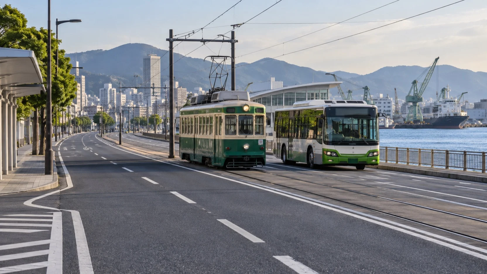 Tram and local bus on the waterfront route from Hiroshima port