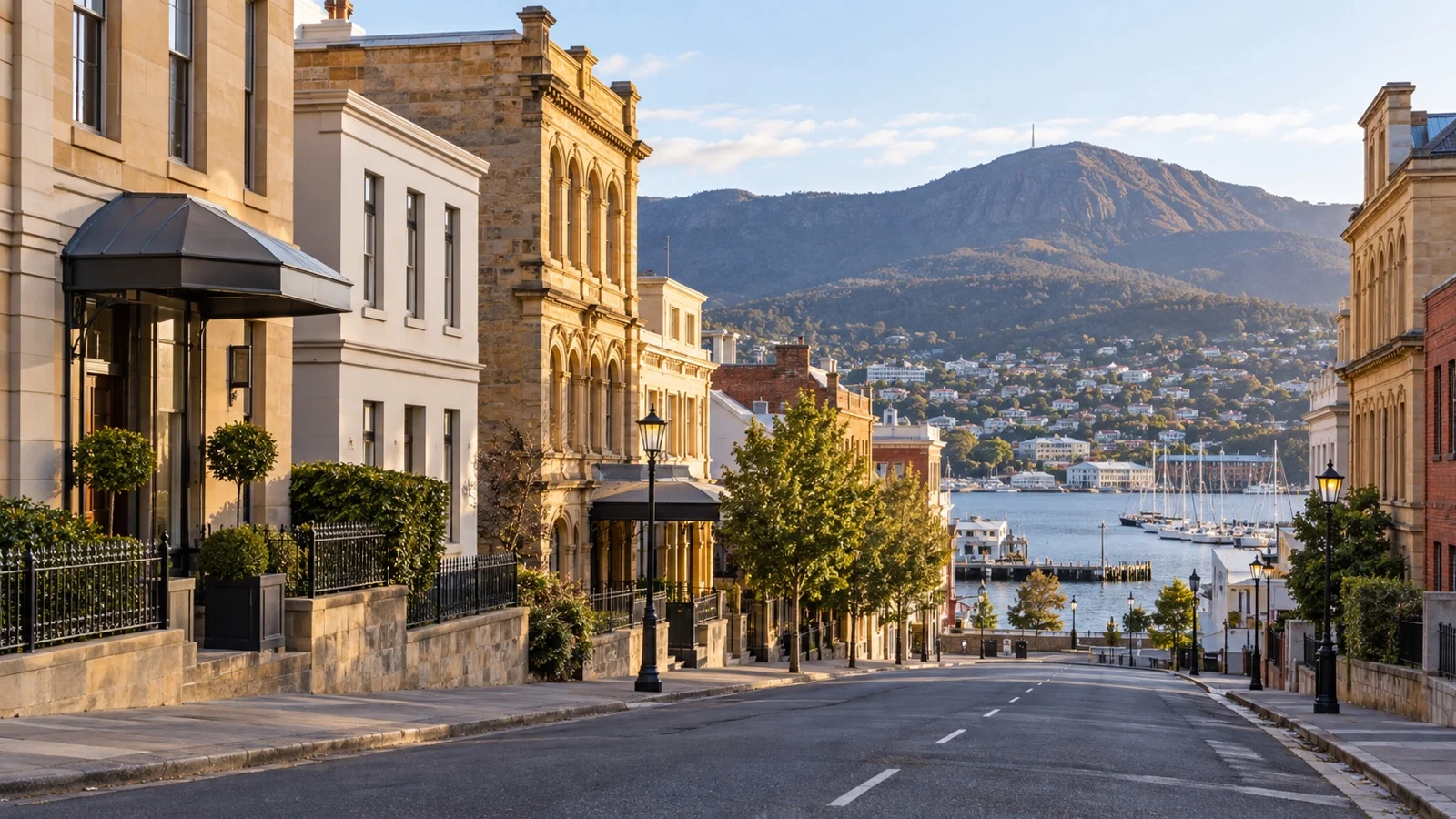 Central Hobart street with practical low-rise hotels and historic Tasmanian architecture