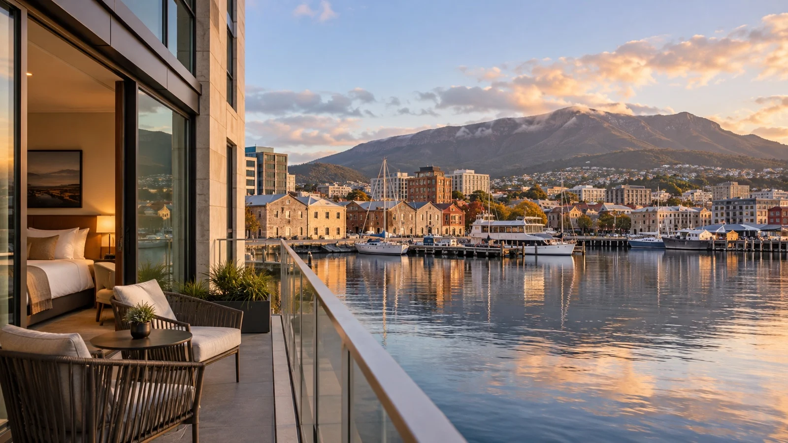 Elegant waterfront hotel at Sullivan's Cove in Hobart with harbor views and Mount Wellington