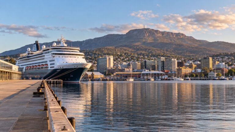 Cruise ship at Hobart's Macquarie Wharf below Mount Wellington