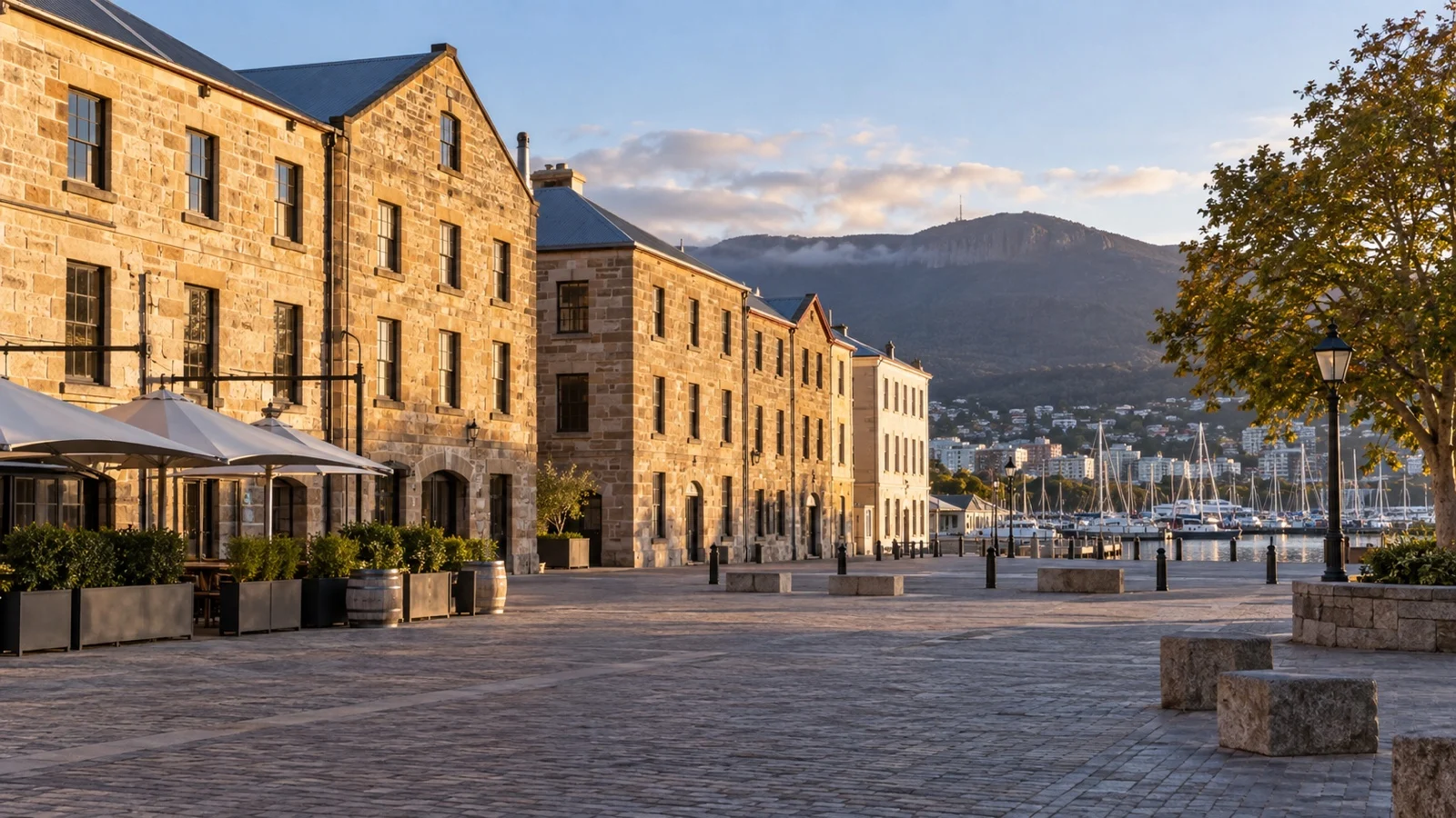 Salamanca Place in Hobart with sandstone warehouse hotels and quiet market square