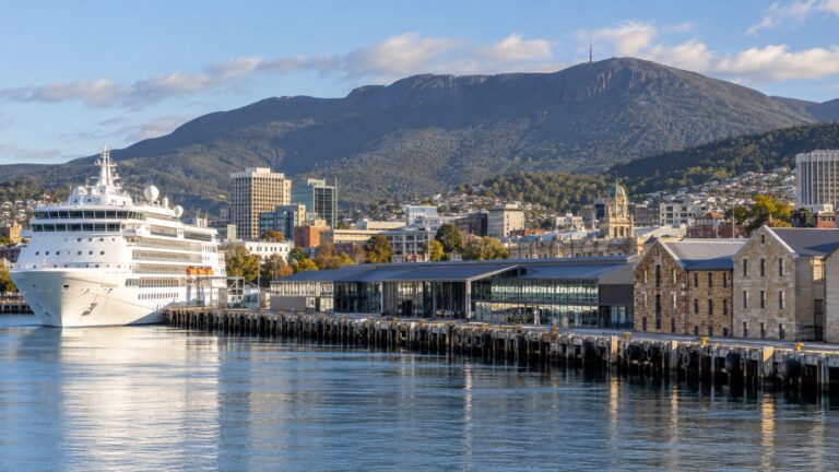 Hobart cruise terminal at Macquarie Wharf with a white cruise ship docked beside Sullivan's Cove and Mount Wellington beyond