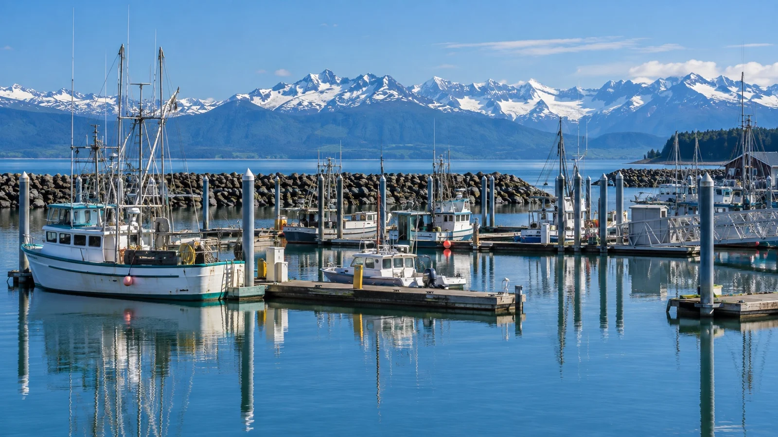 Fishing boats in Homer Harbor with Alaska mountains beyond