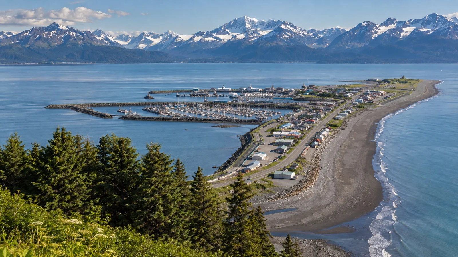 Long narrow Homer Spit extending into Kachemak Bay