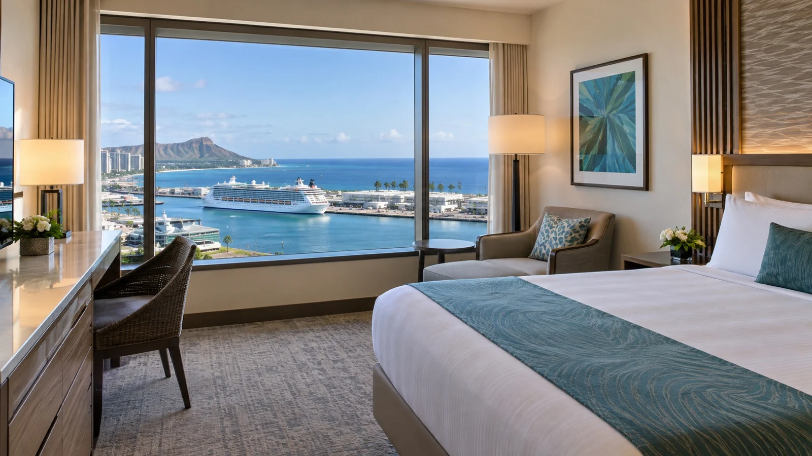 Empty Honolulu hotel room overlooking cruise harbor