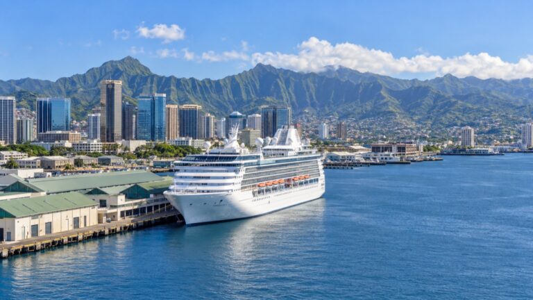Cruise ship docked at Honolulu’s Pier 2 with mountains beyond