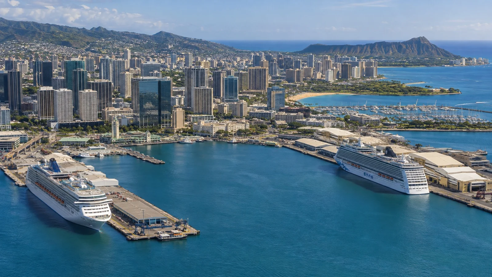 Honolulu harbor cruise piers and downtown geography