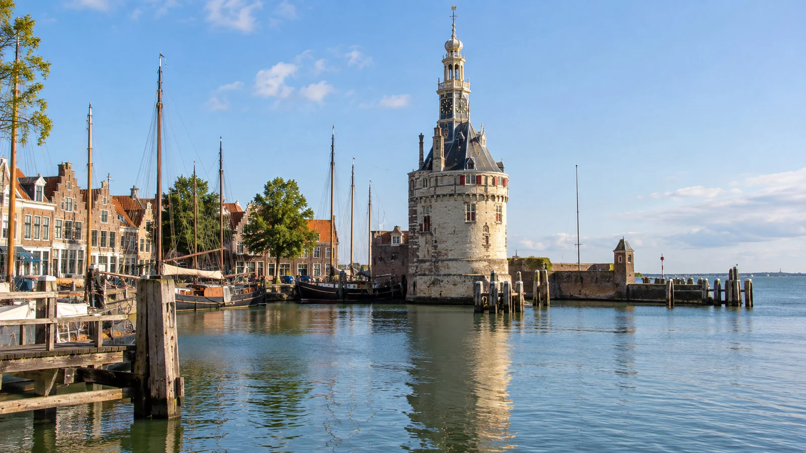 Historic Hoorn harbor tower and quays