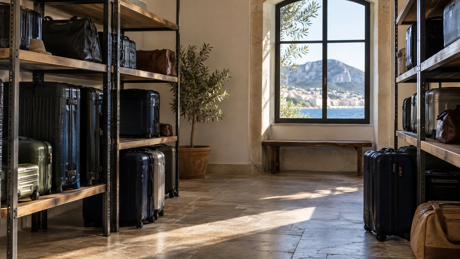 Suitcases in an empty unbranded hotel luggage room