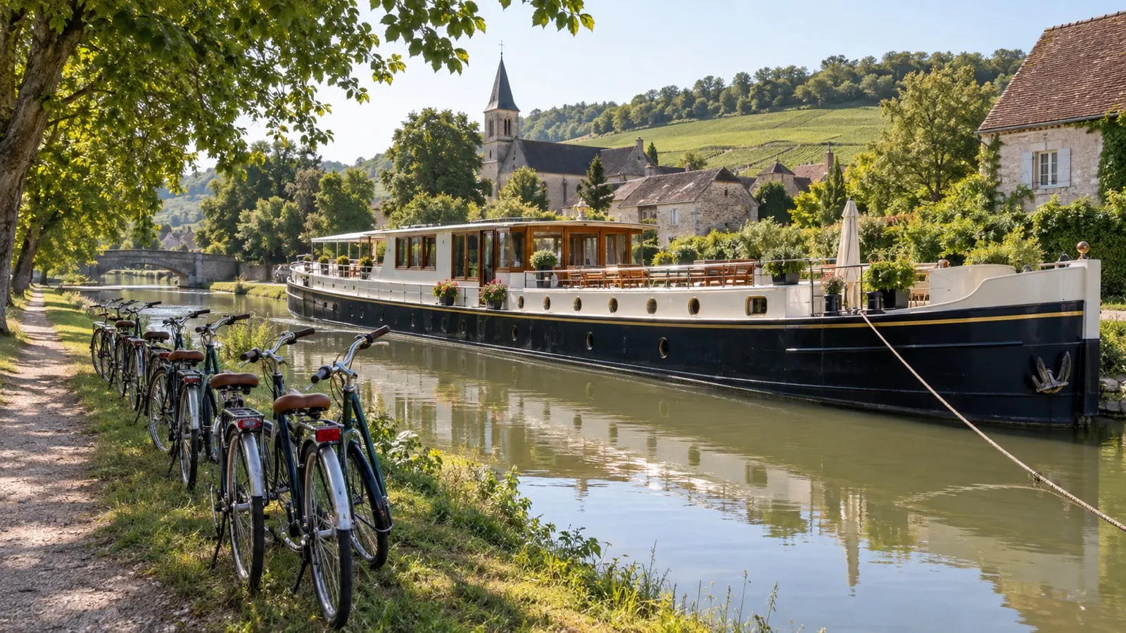 Bicycles beside hotel barge on canal towpath