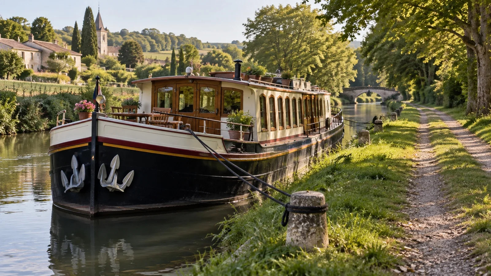 Hotel barge moored at canal bollards