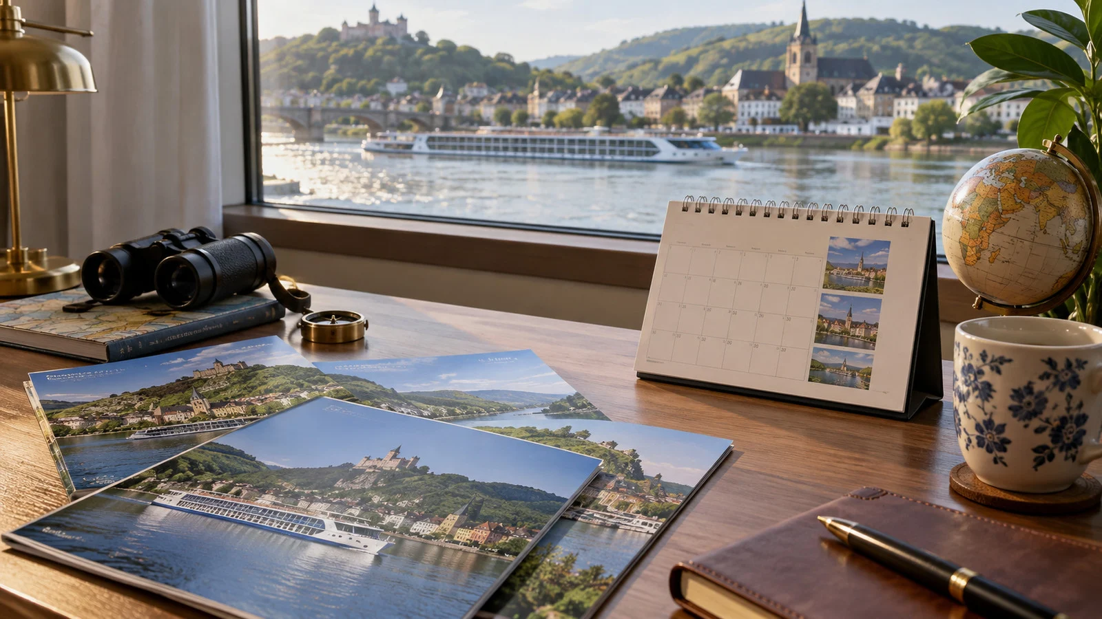 a quiet empty travel-planning desk with river cruise brochures and a calendar, no readable text
