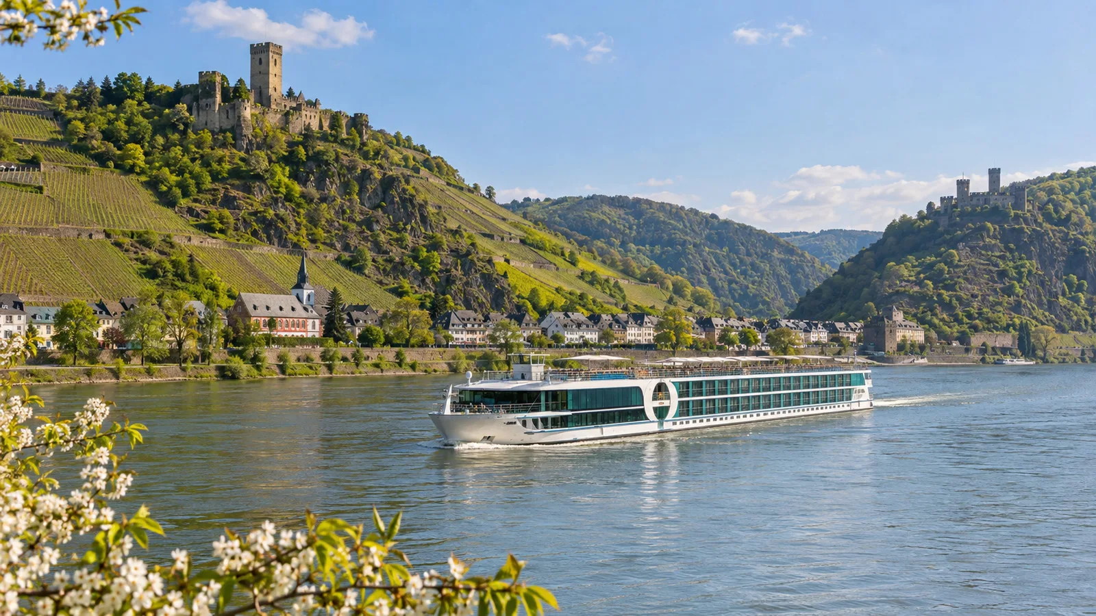 a river cruise ship sailing through springtime Rhine scenery with vineyard hills and castles, illustrating seasonal booking
