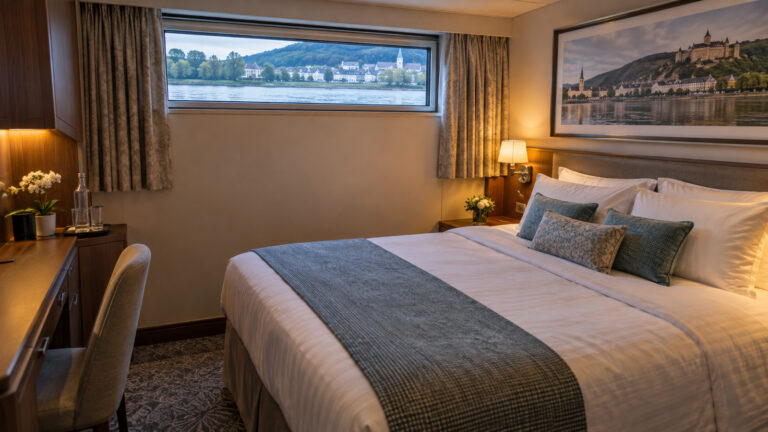 an attractive but compact lower-deck river cruise cabin with a small high fixed window
