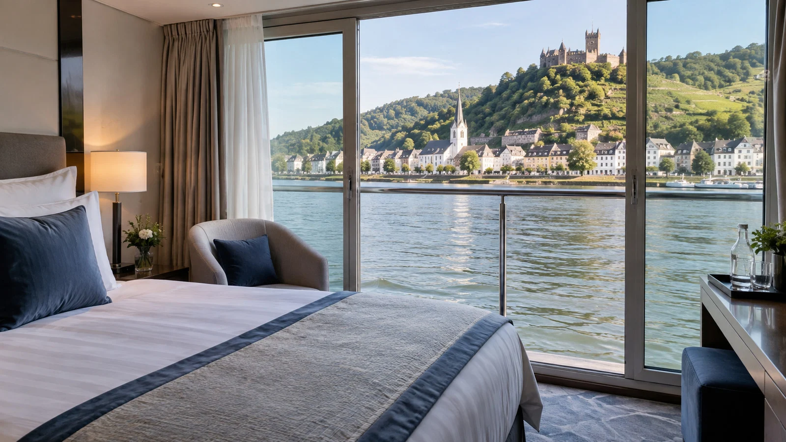 an upper-deck river cruise cabin with a full-height French balcony door and broad river view