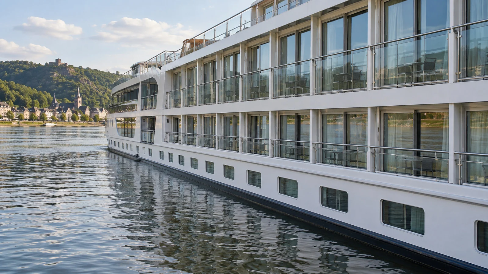 exterior side of a river cruise ship showing rows of lower-deck small windows and upper-deck balcony doors