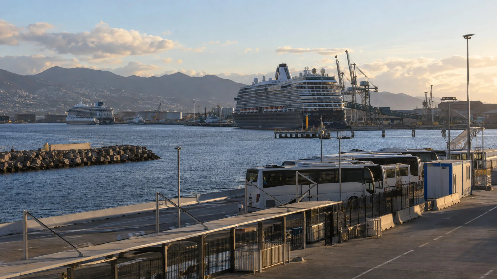 Cruise ship at a distant industrial berth requiring a shuttle