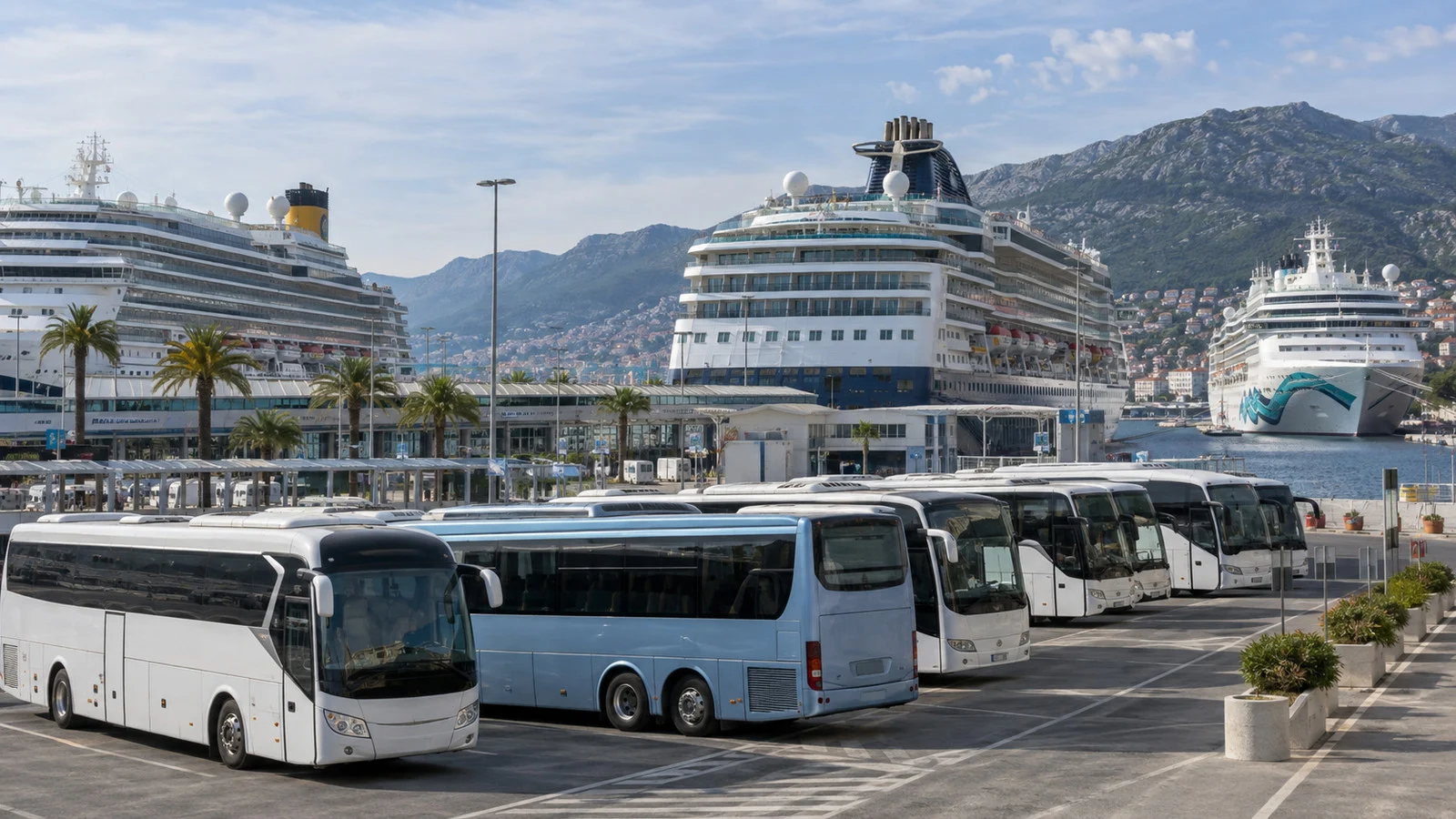 Empty tour coaches waiting at a busy cruise terminal