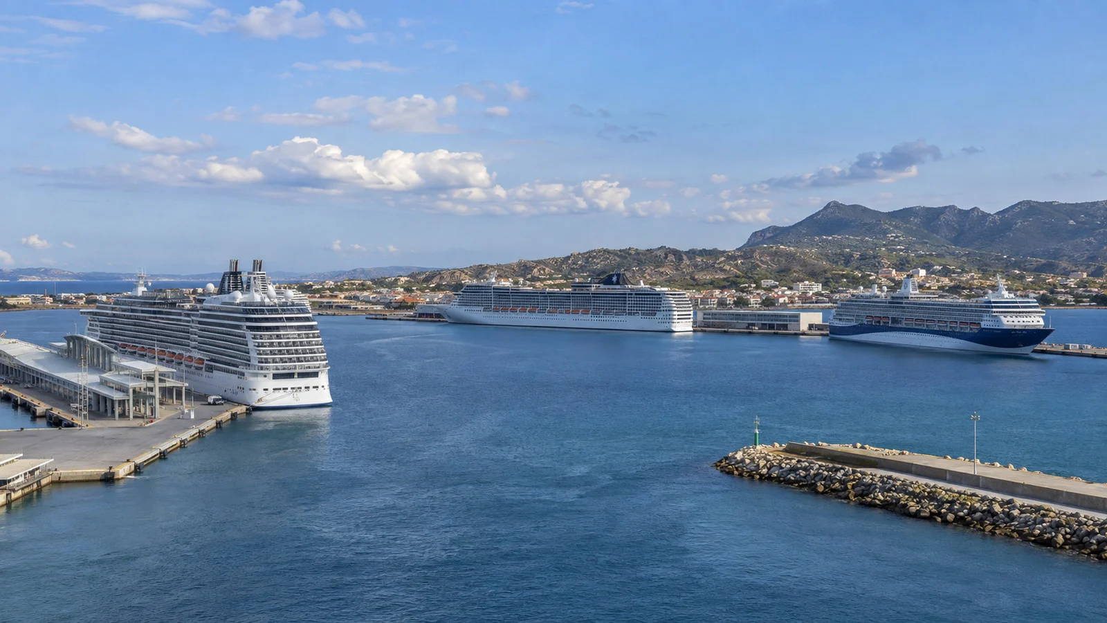 Harbor view with cruise ships assigned to separate terminals