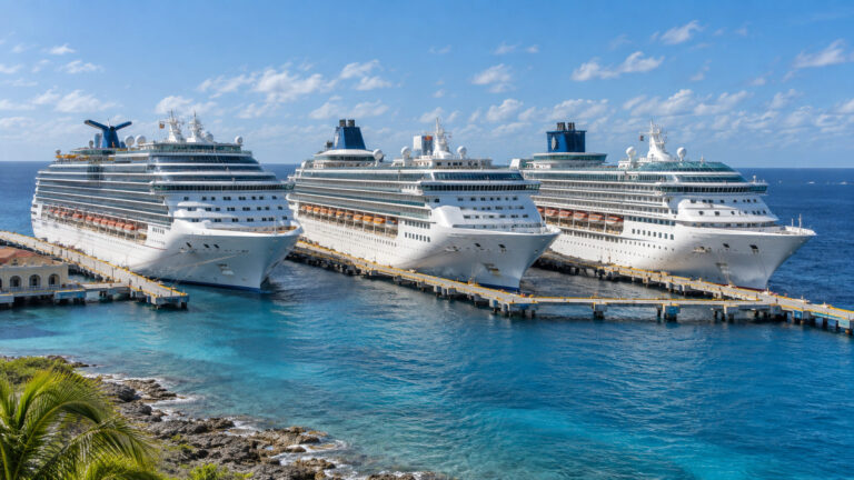 Three cruise ships sharing piers at Cozumel Mexico