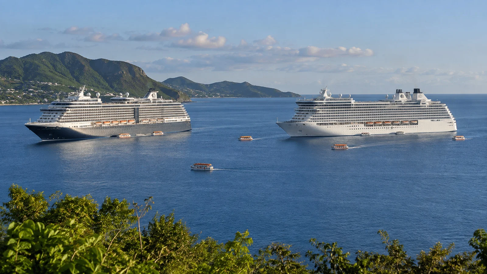 Two cruise ships anchored offshore with tender boats