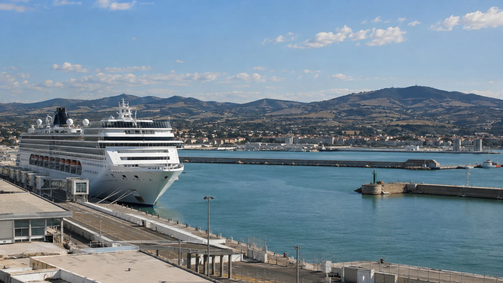 Cruise ship at Civitavecchia port with inland hills far from Rome