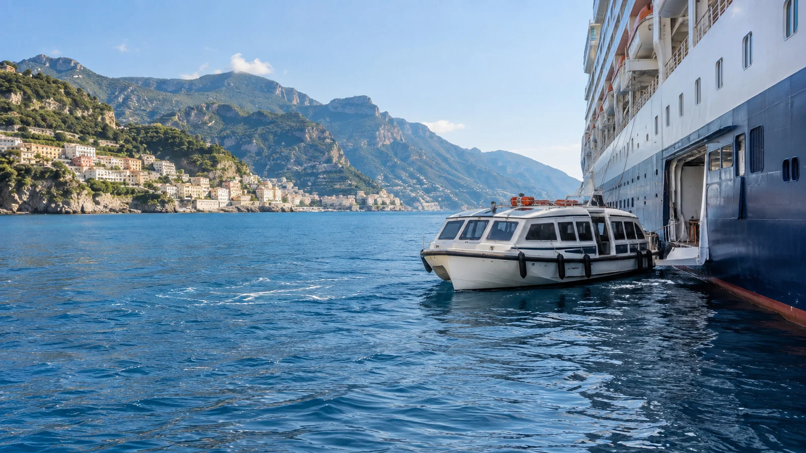 Small tender boat beside a ship anchored offshore in a Mediterranean bay