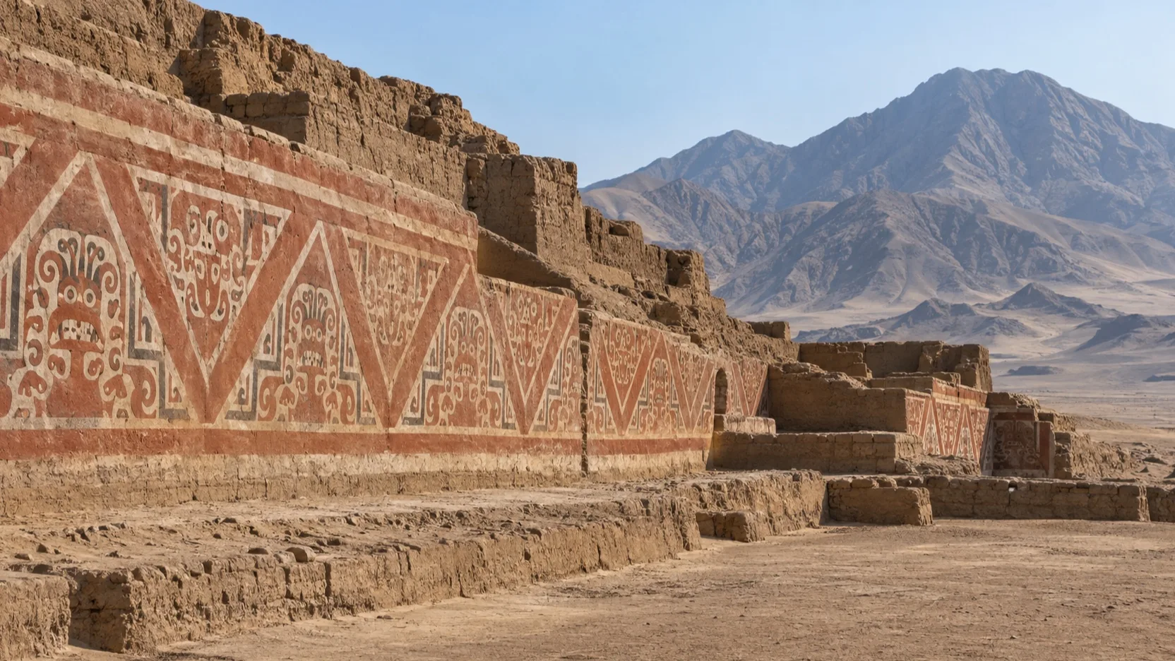 Geometric Moche mural patterns at Huaca de la Luna near Trujillo