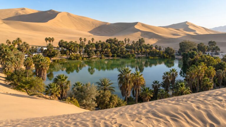 Palm-lined Huacachina lagoon surrounded by high desert dunes