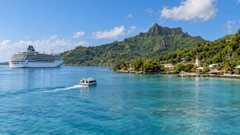 Cruise ship and tender off Huahine’s Fare village