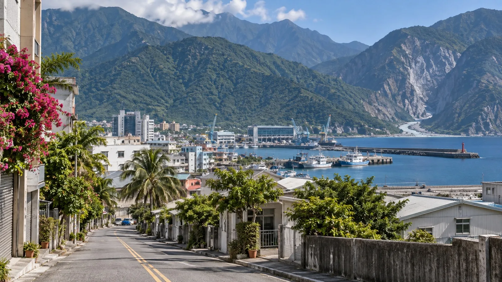 Quiet Hualien City street beneath Taiwan east coast mountains