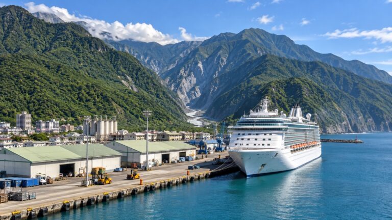 Cruise ship at the working Hualien port terminal