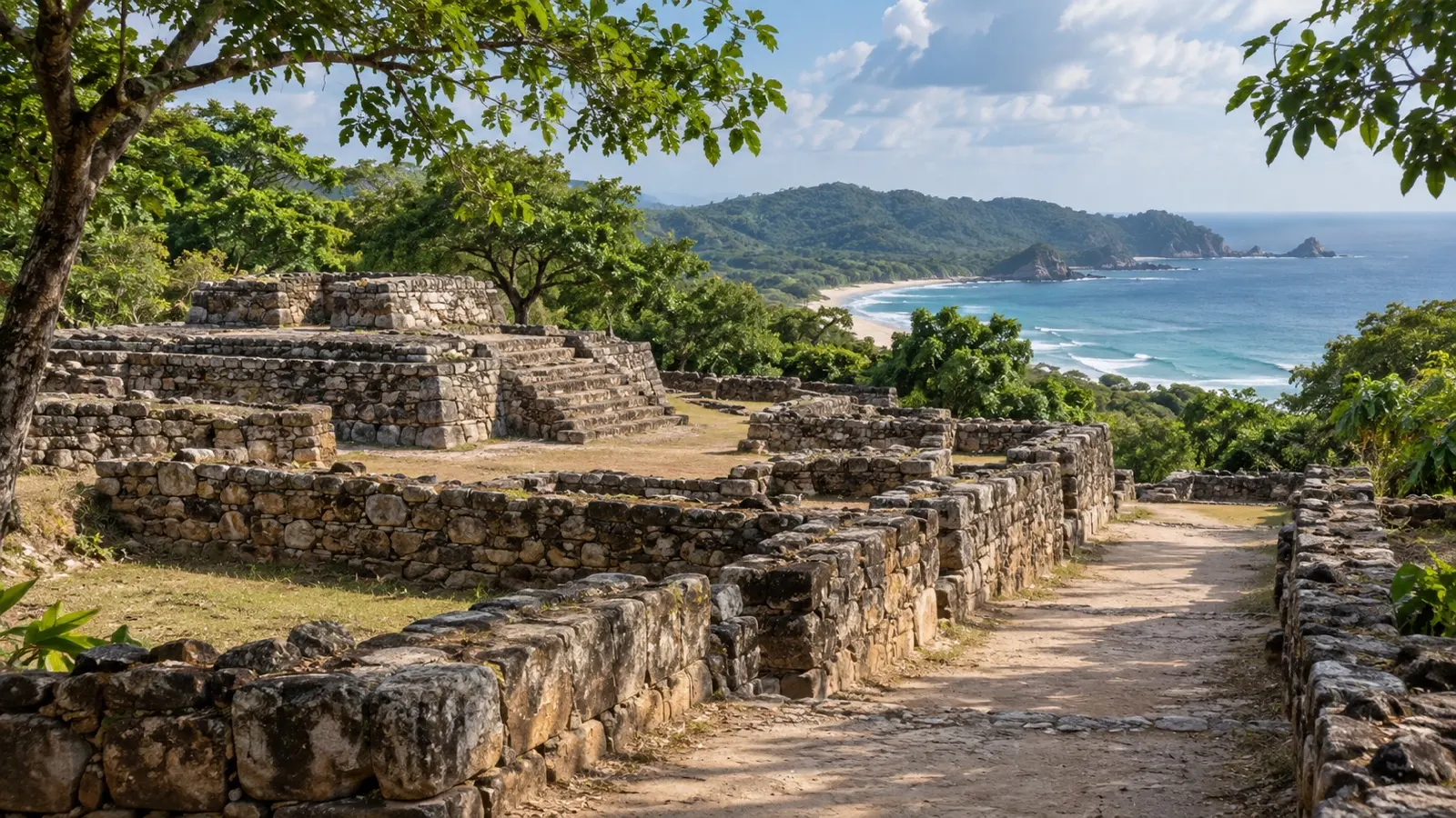 Ancient stone ruins at Copalita amid tropical forest near Huatulco