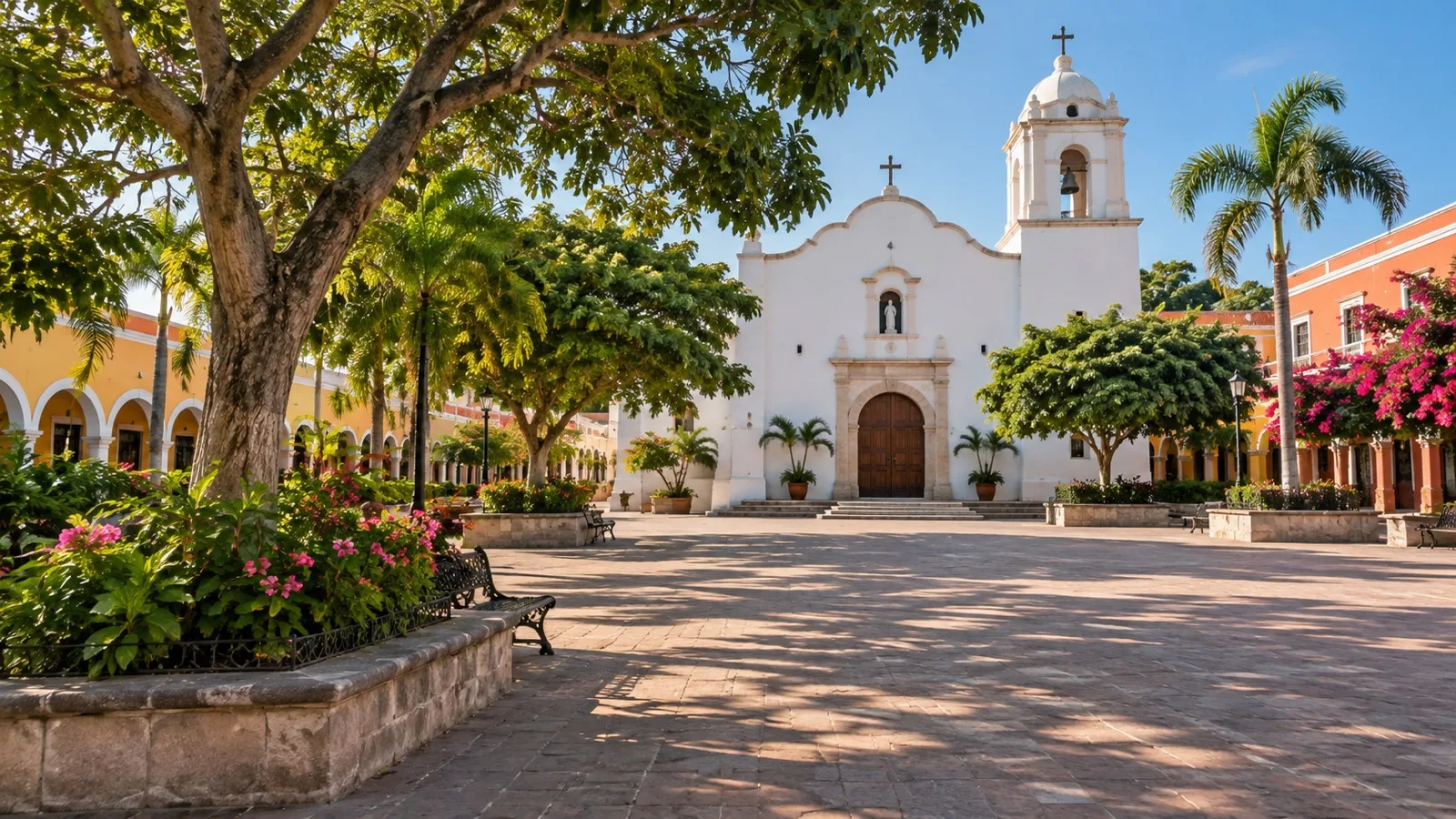 Quiet La Crucecita square with a church and Oaxacan town facades