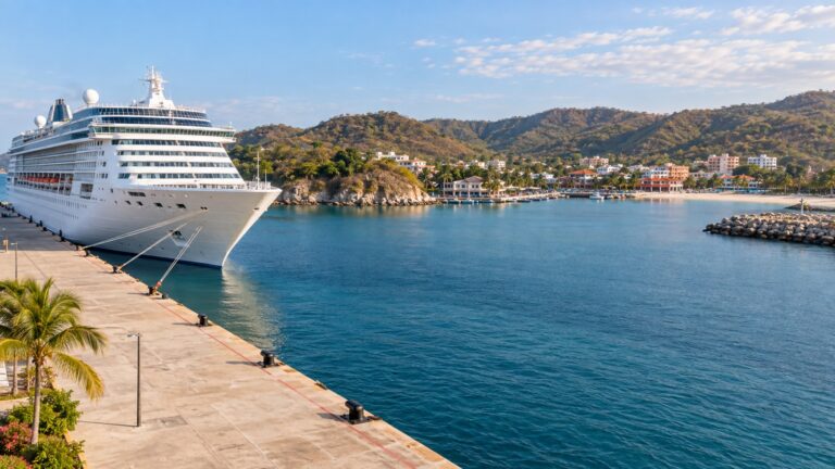 Cruise ship at Santa Cruz pier in Huatulco’s sheltered bay