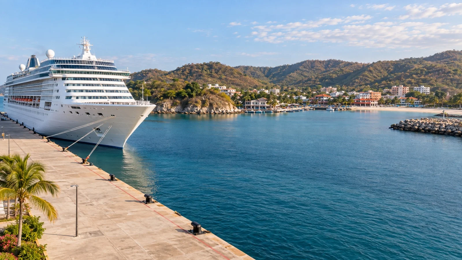 Cruise ship at Santa Cruz pier in Huatulco’s sheltered bay