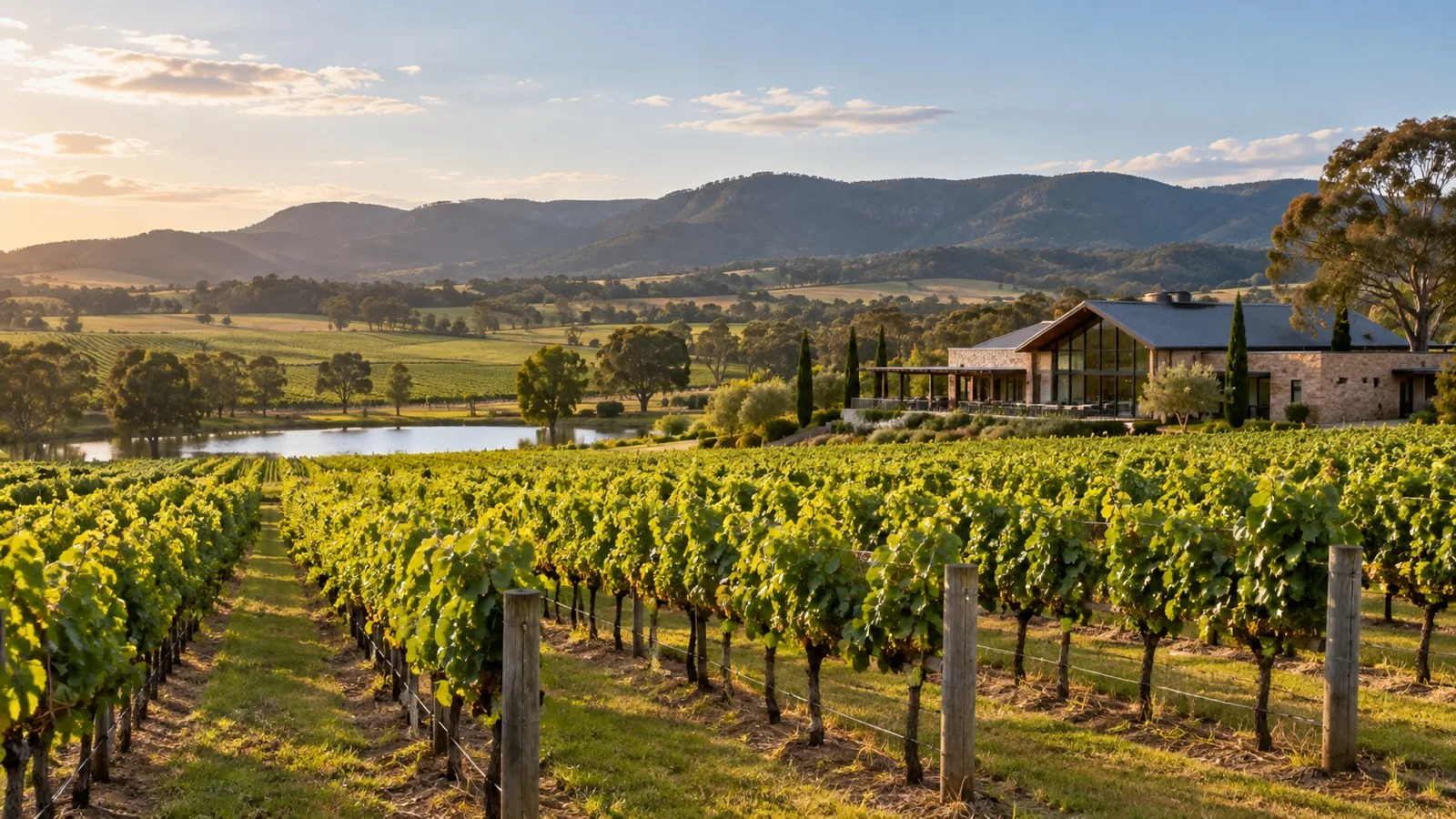 Vineyard rows and low hills in the Hunter Valley