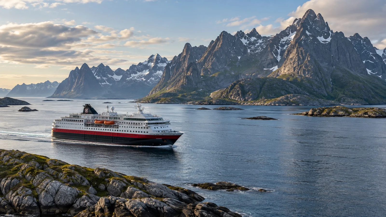 Coastal Express ship passing Lofoten peaks