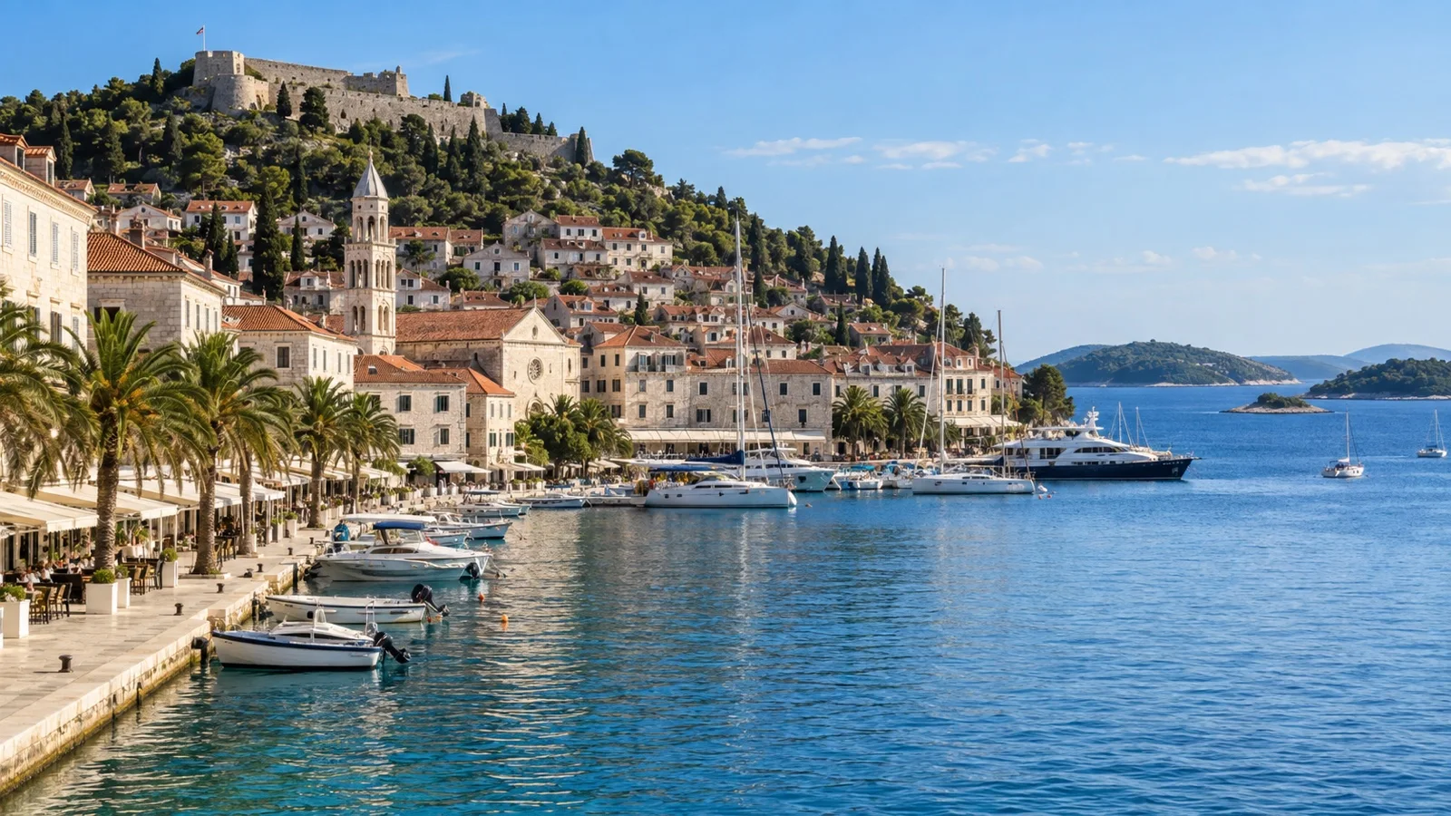 Historic stone buildings and boats along Hvar Riva