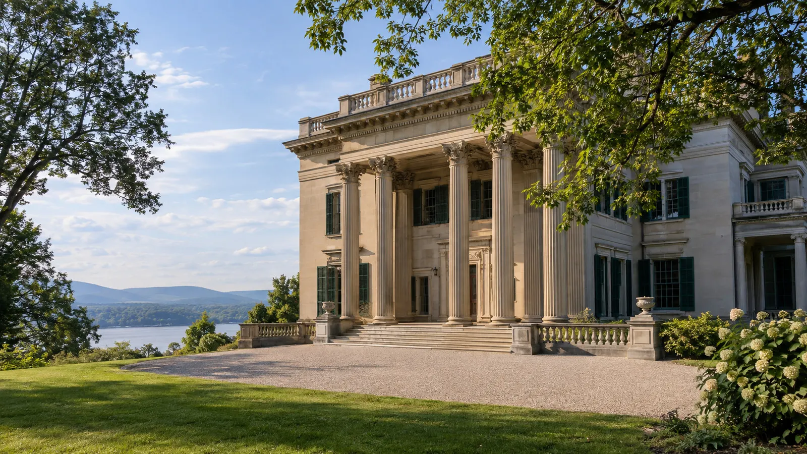 Columned exterior of Vanderbilt Mansion National Historic Site in Hyde Park