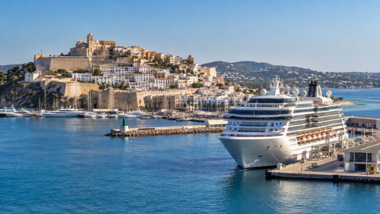 Cruise ship at Botafoc terminal across from Ibiza old town