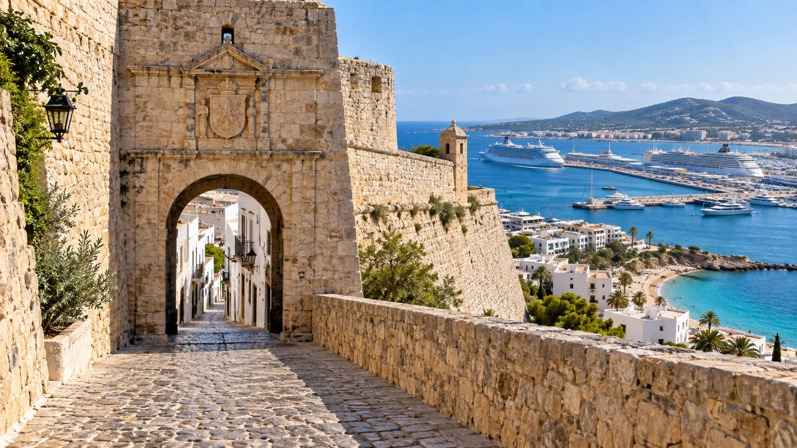 Fortified stone gate and lane in Ibiza Dalt Vila