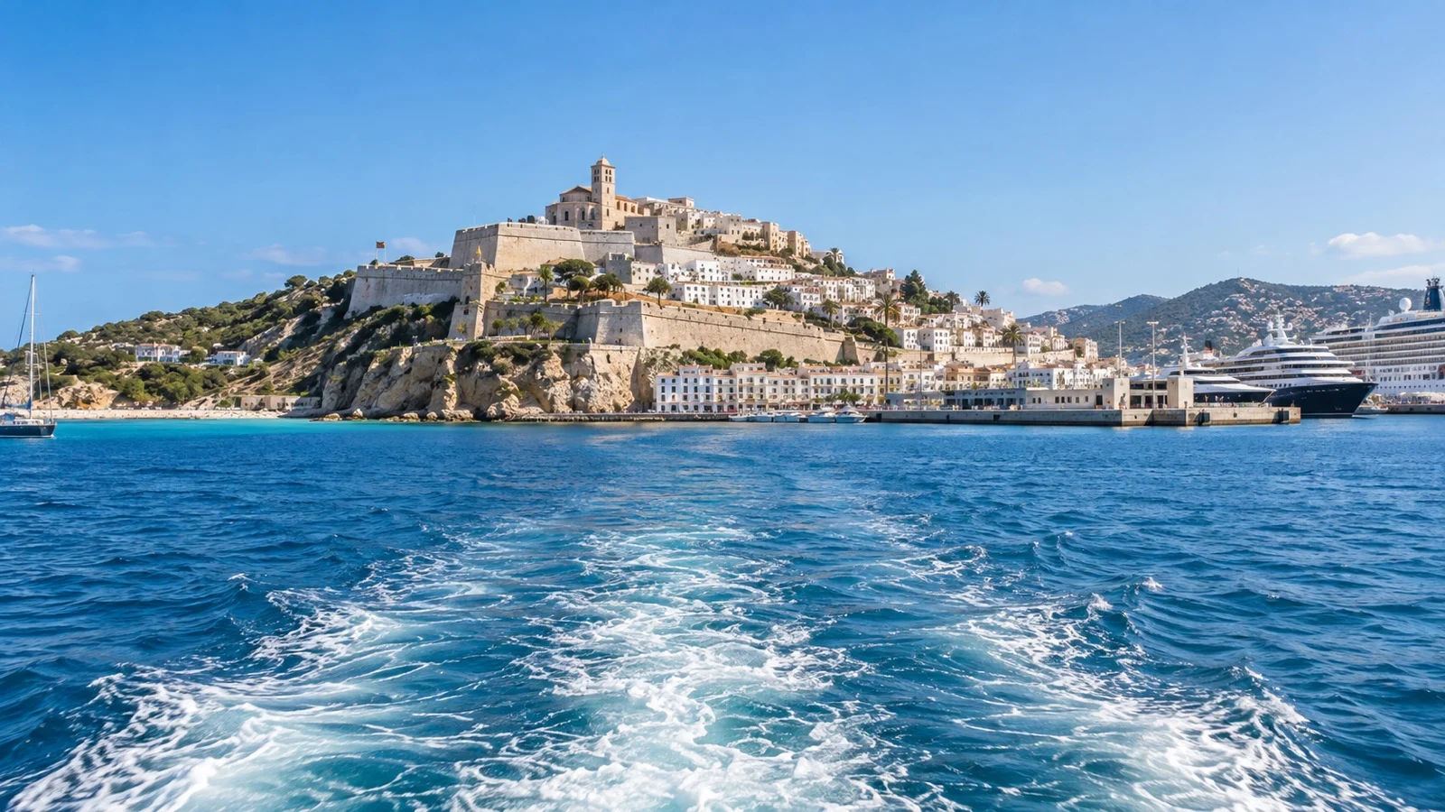 Harbor boat crossing toward Ibiza Dalt Vila