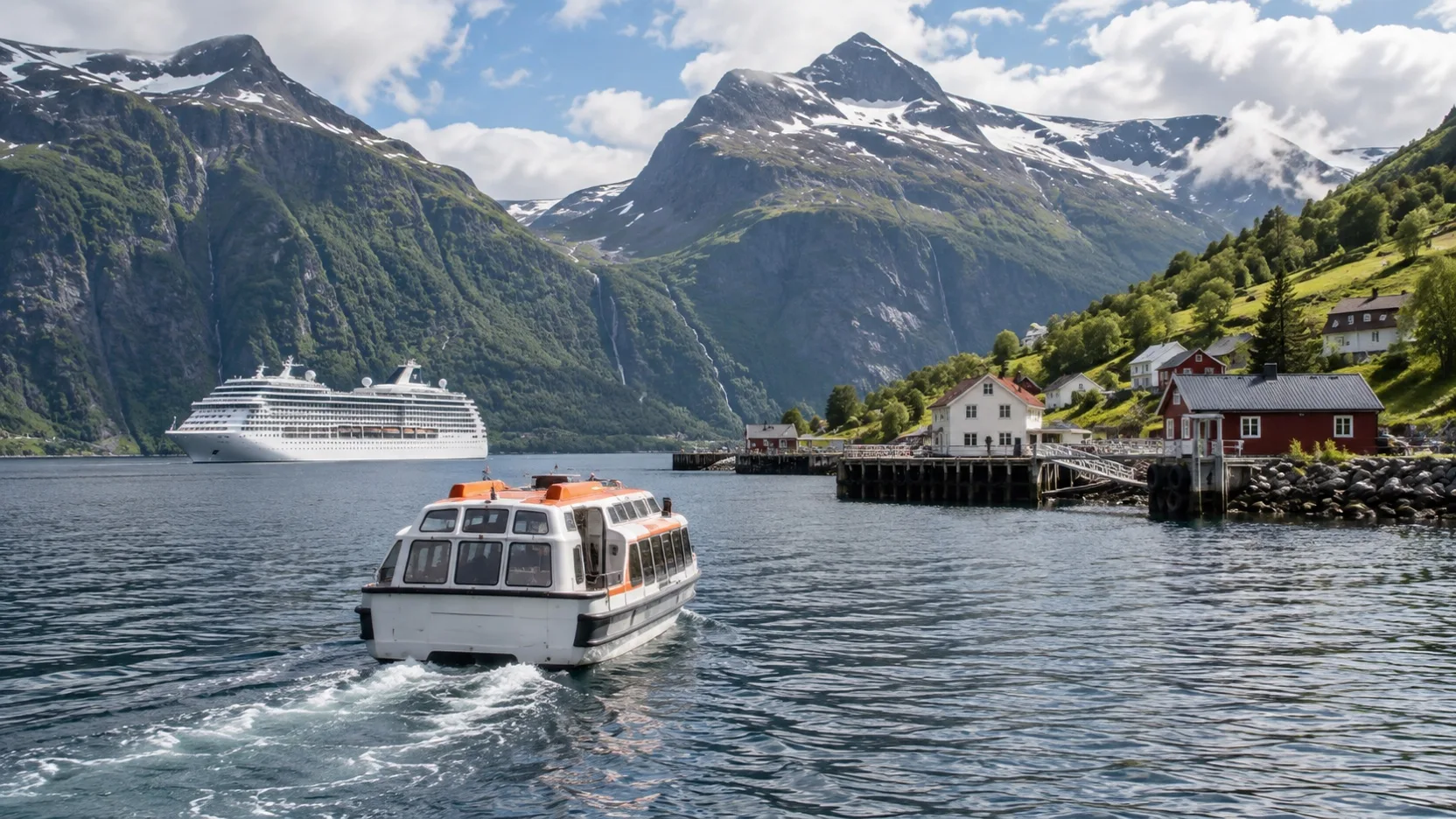 Cruise tender crossing an Icelandic fjord toward a ship at anchor