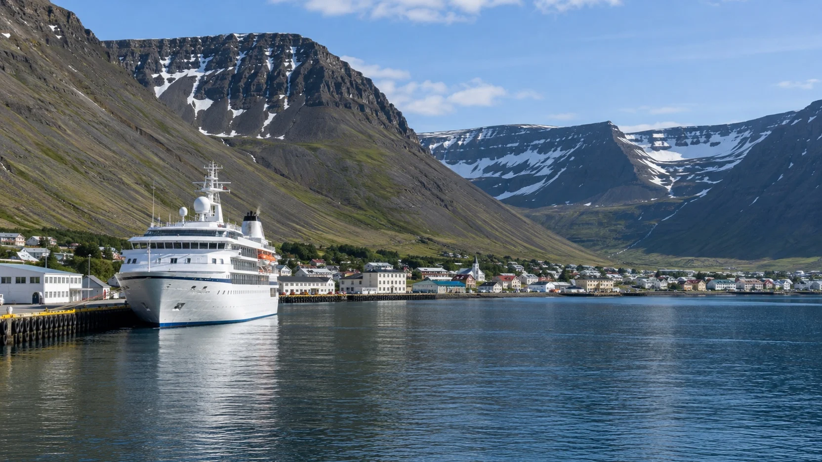 Cruise ship beside Ísafjörður and the mountains of Iceland’s Westfjords