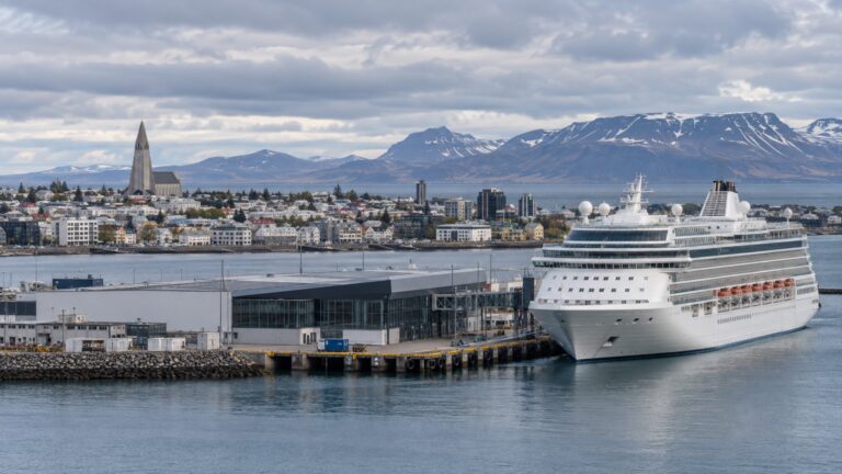 Cruise ship at Reykjavík’s Skarfabakki terminal with Hallgrímskirkja beyond