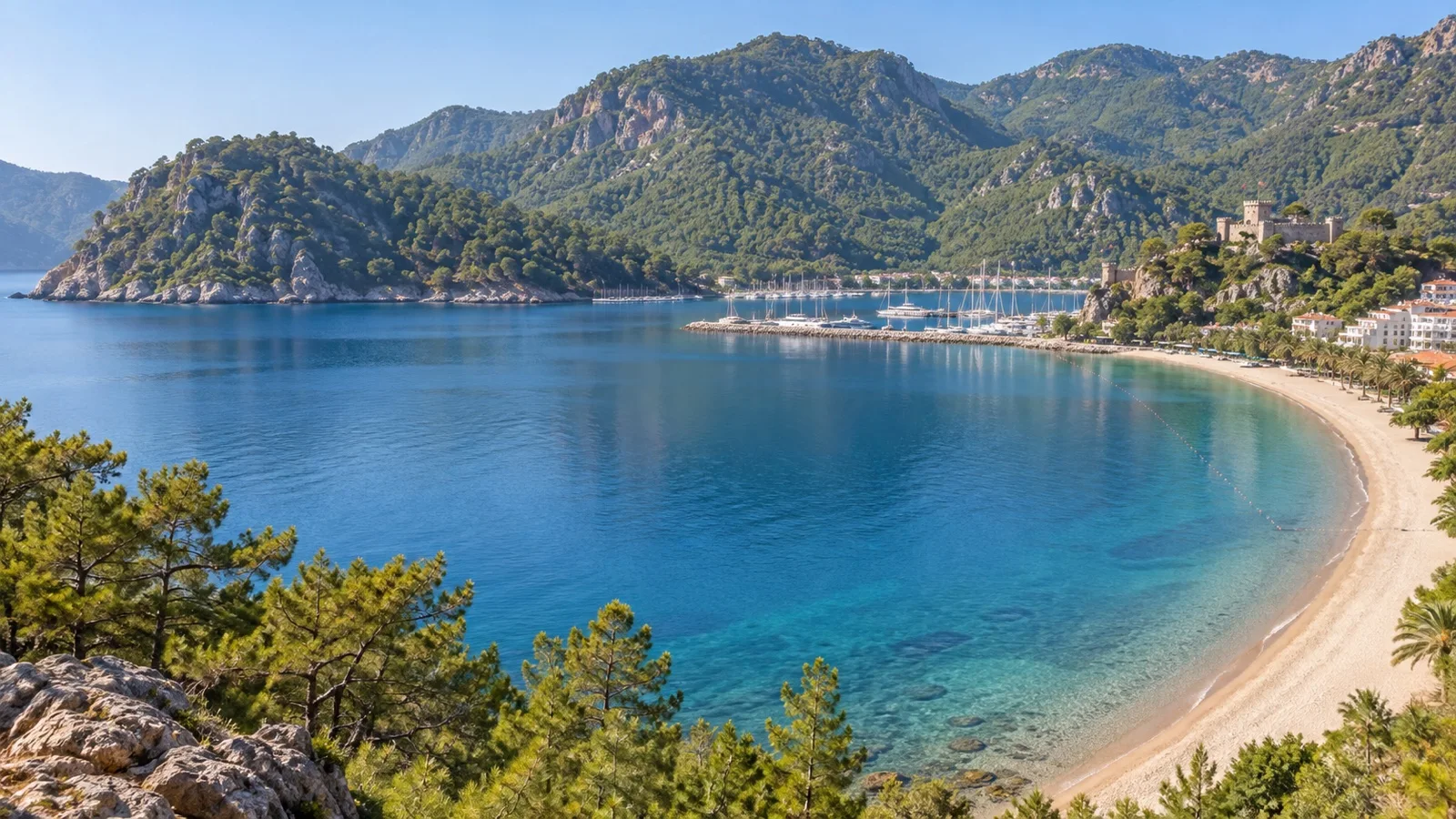 Curved sandy beach and green mountains at İçmeler