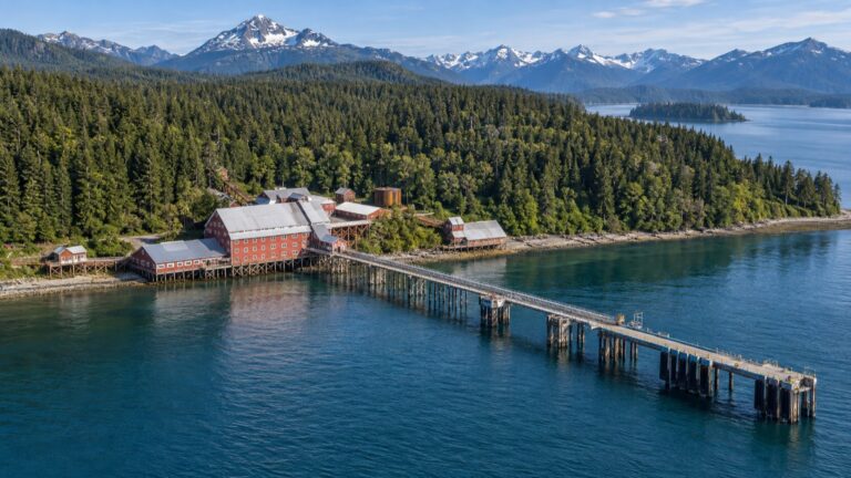 Aerial view of Icy Strait Point cruise pier and forested coast