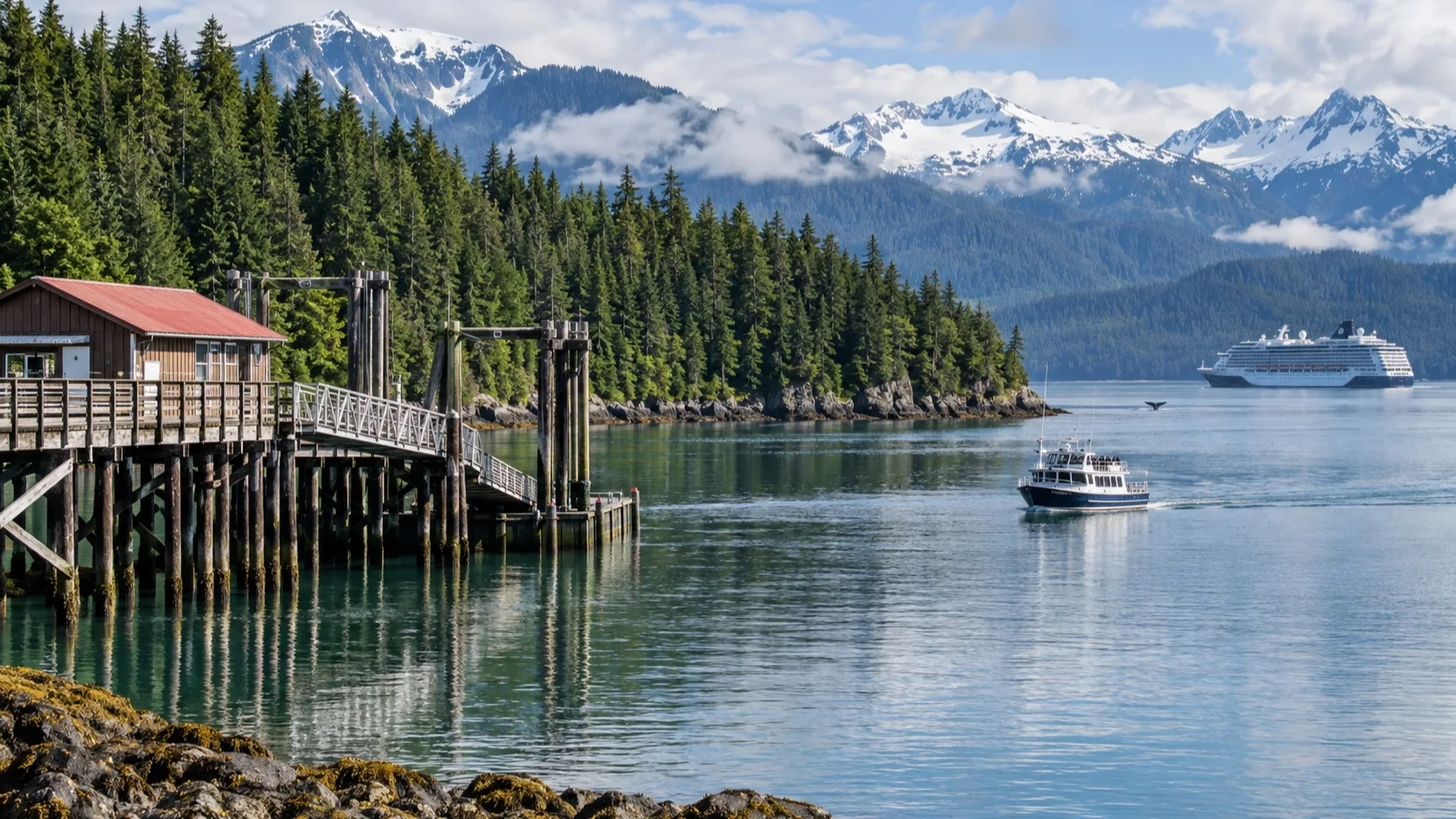 Icy Strait Point pier and forested bay with a whale watching boat